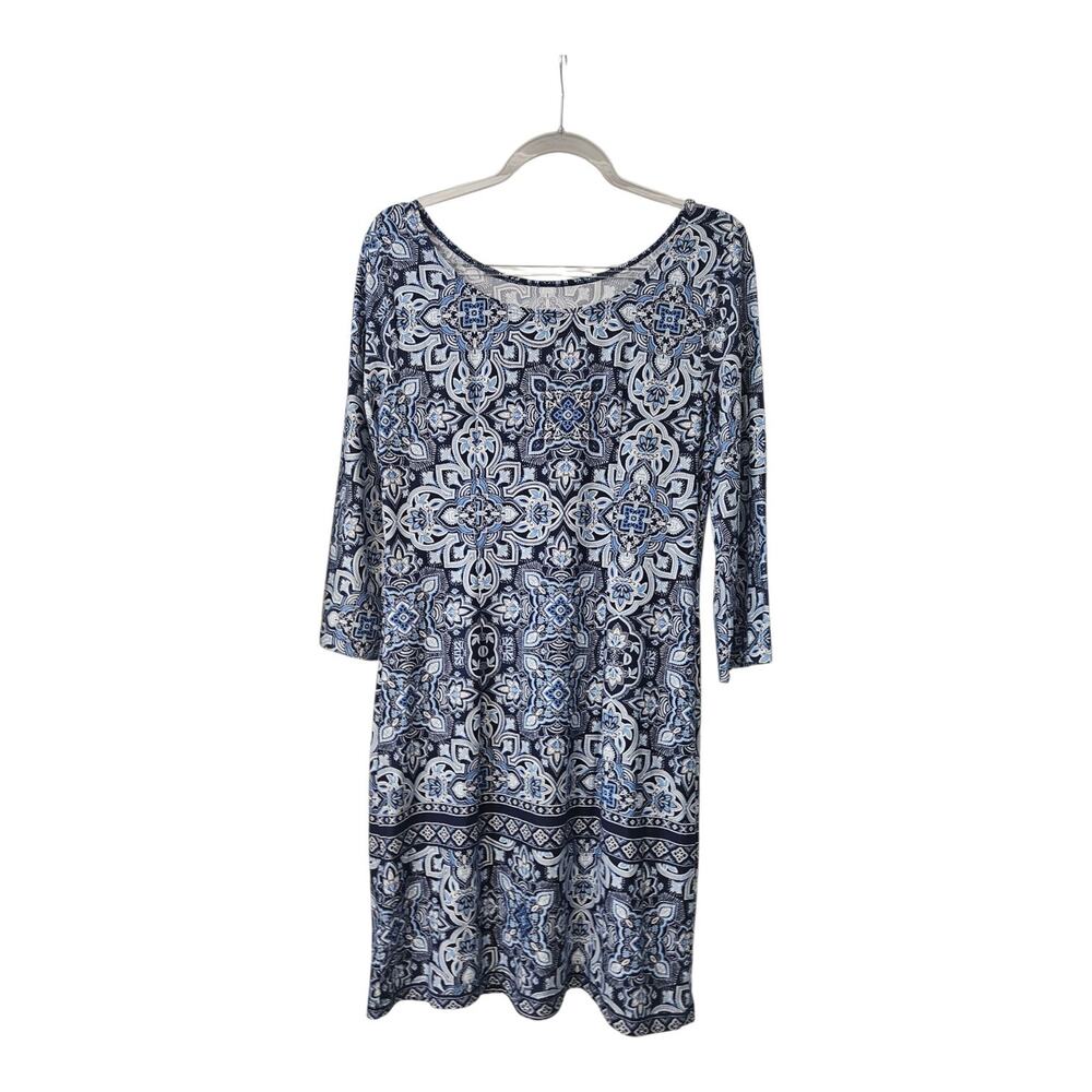 Apt. 9 Dress LARGE 3/4 Sleeve Floral Stretch Lightweight Blue/White Casual - Picture 2 of 7